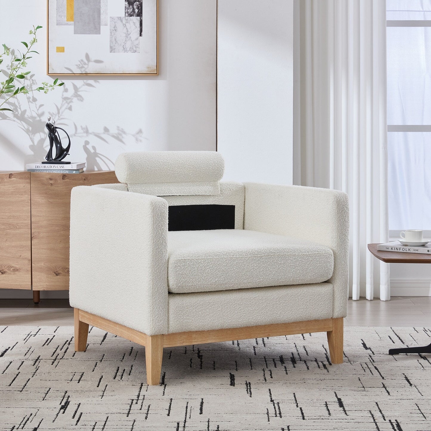 Fauteuil d'appoint moderne et large avec pieds en bois naturel, fauteuil simple et canapé avec deux coussins traversins