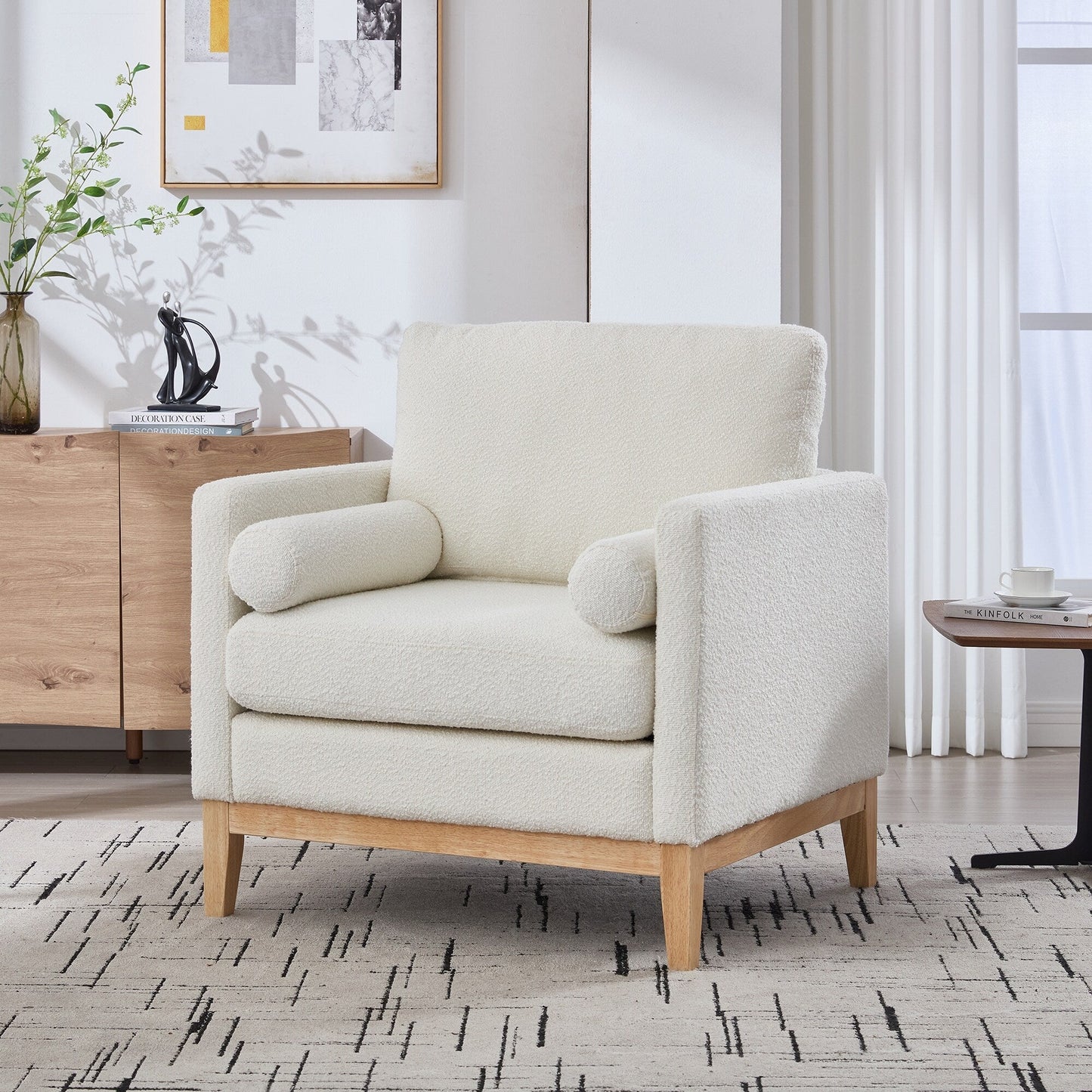 Fauteuil d'appoint moderne et large avec pieds en bois naturel, fauteuil simple et canapé avec deux coussins traversins
