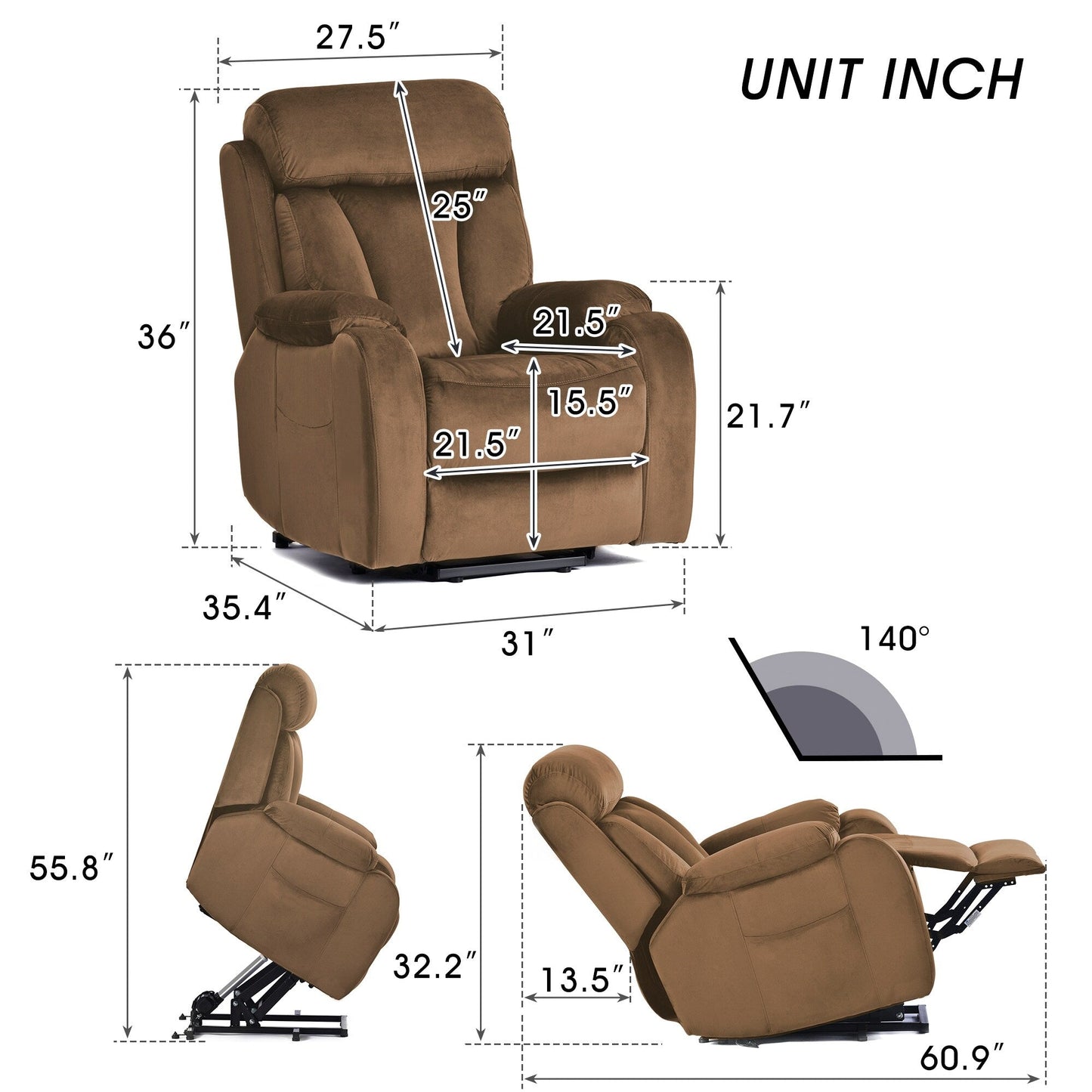 Fauteuil inclinable large (330 lb) avec télécommande et inclinaison à 180°