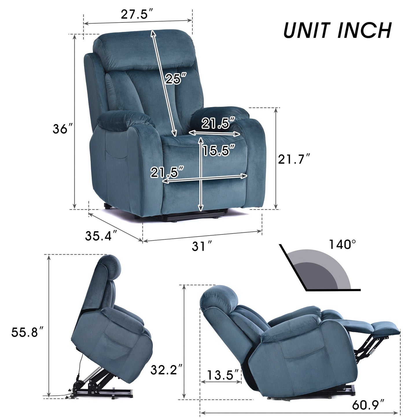 Fauteuil inclinable large (330 lb) avec télécommande et inclinaison à 180°