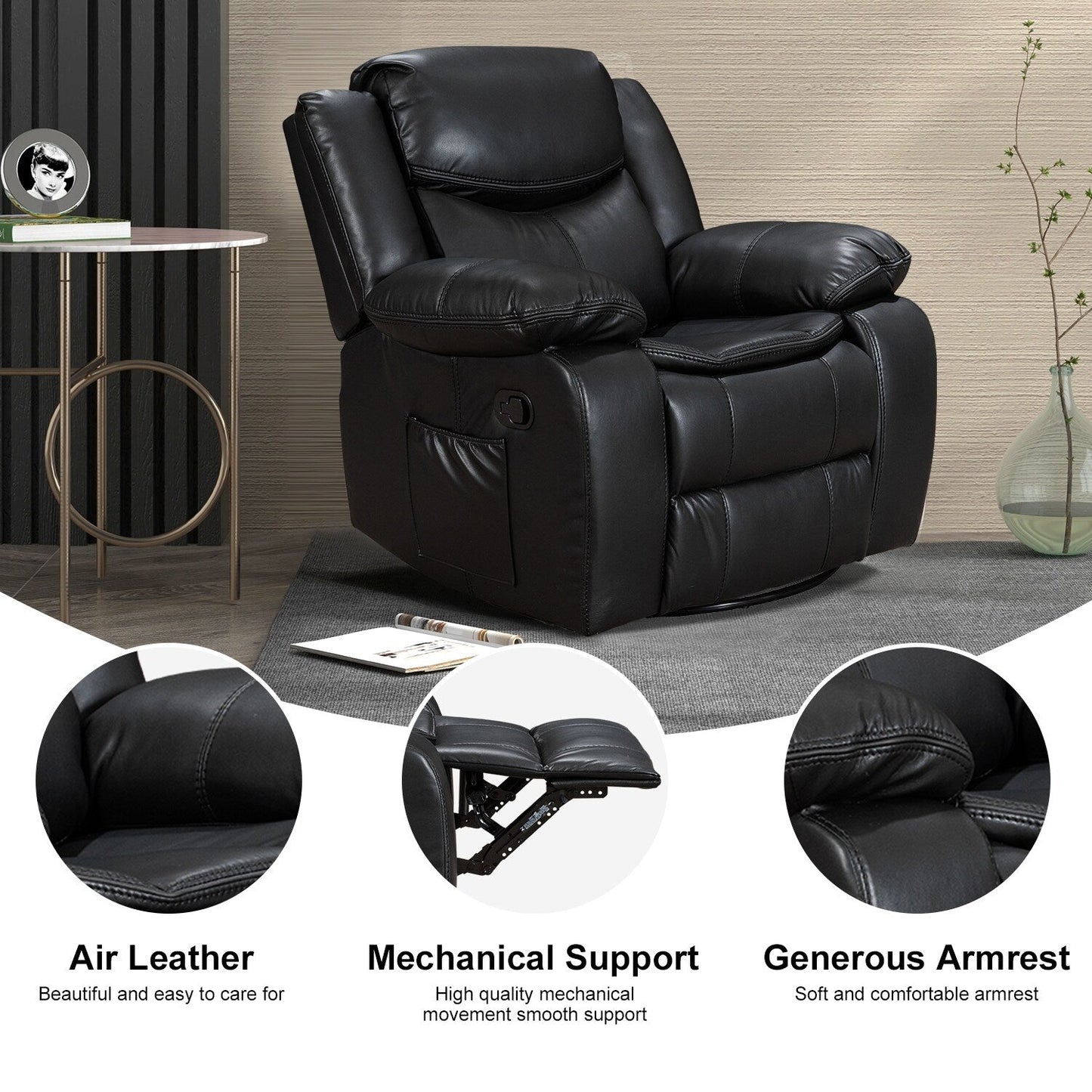 Fauteuil inclinable chauffant et massant en cuir durable à siège large