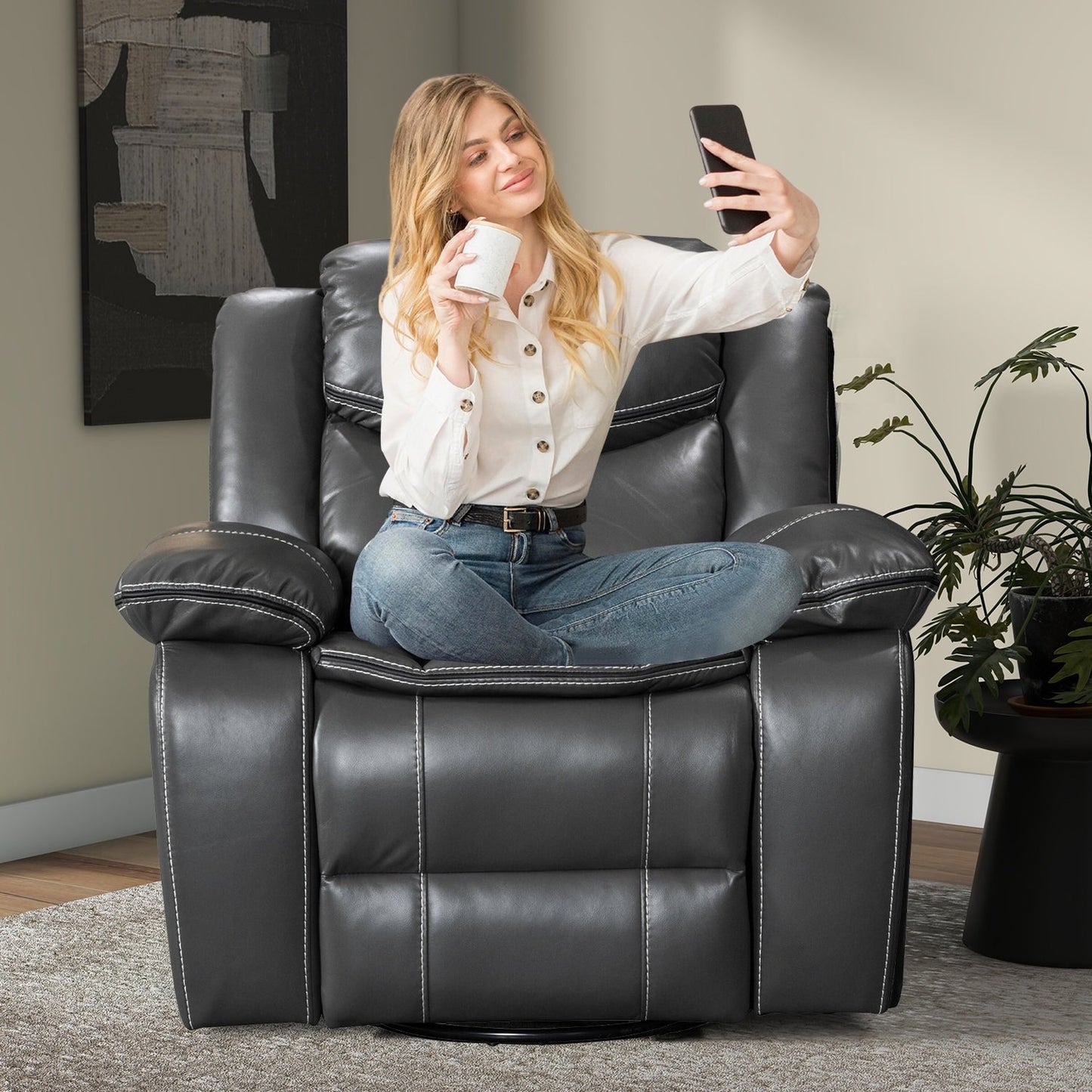 Fauteuil inclinable chauffant et massant en cuir durable à siège large