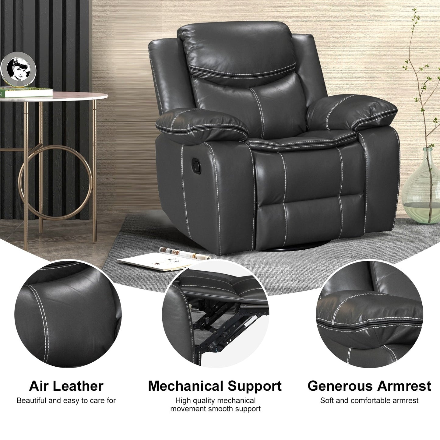 Fauteuil inclinable chauffant et massant en cuir durable à siège large
