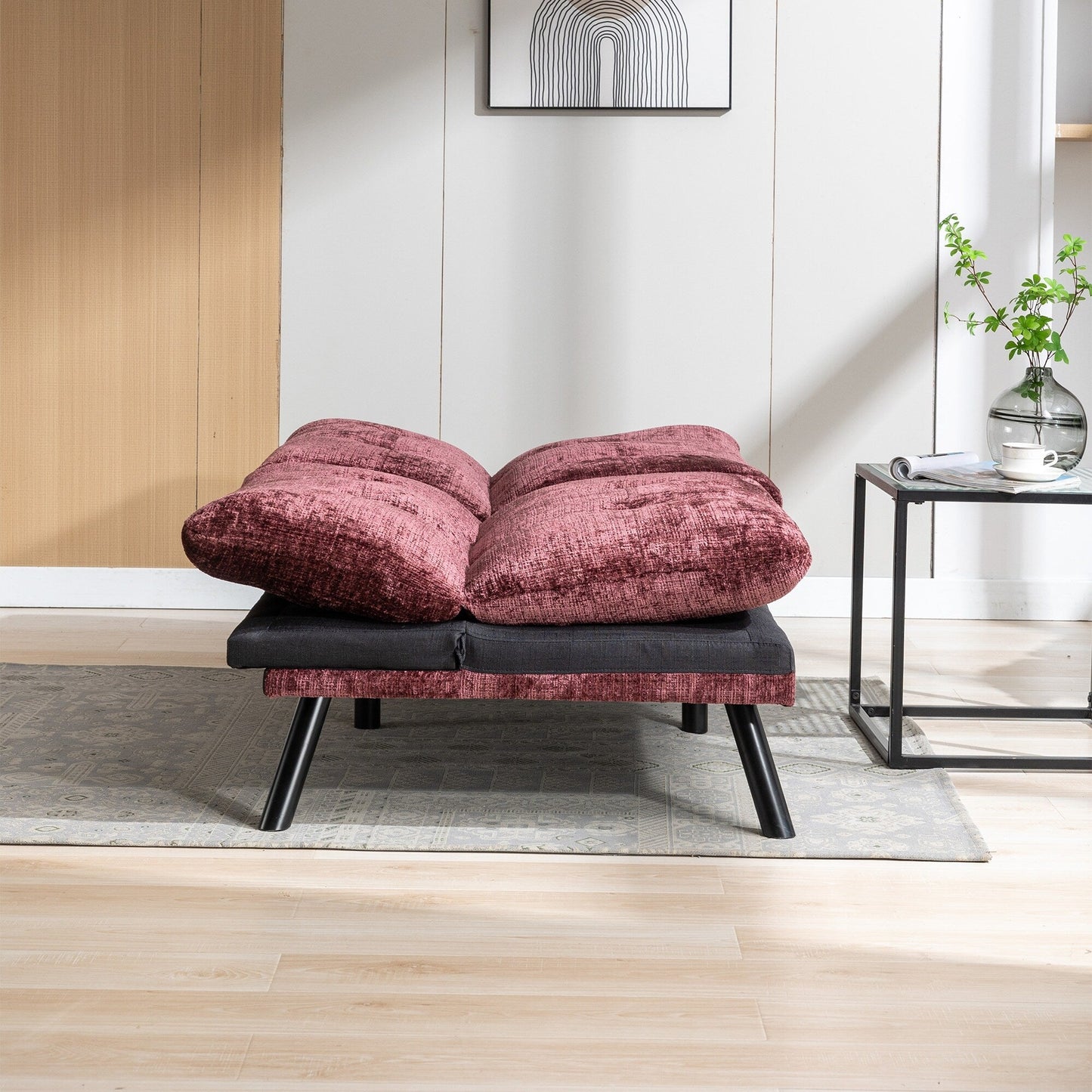 Canapé-lit convertible en chenille rouge vin 75,6 avec pieds en métal pour salon