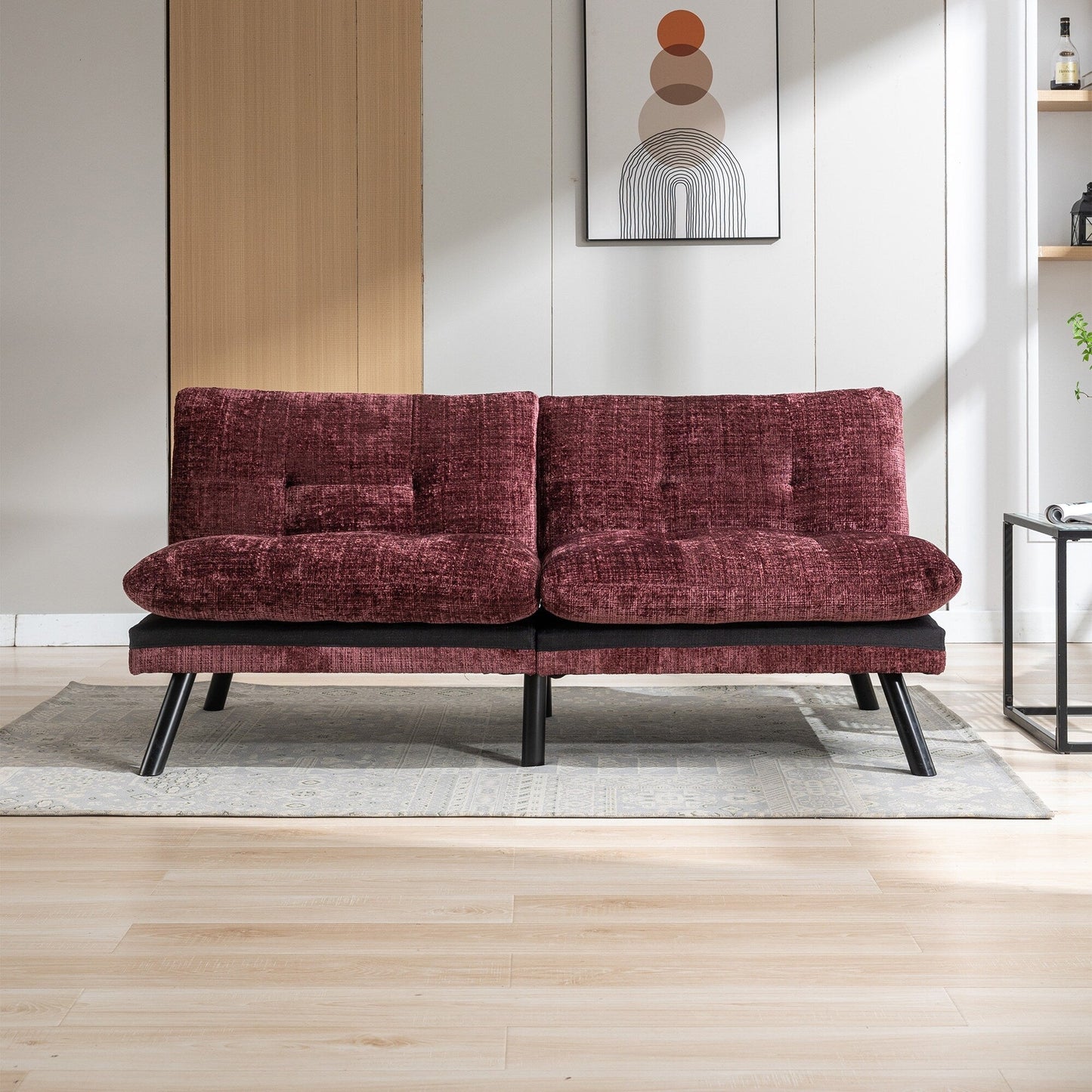 Canapé-lit convertible en chenille rouge vin 75,6 avec pieds en métal pour salon