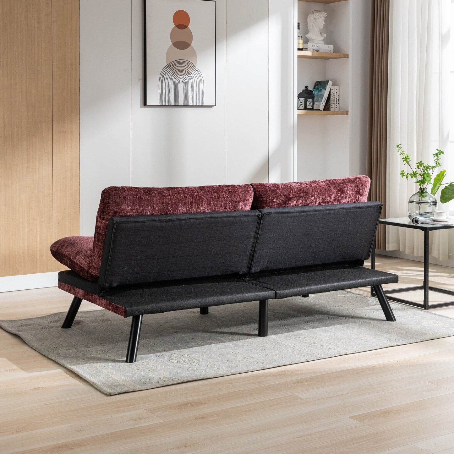 Canapé-lit futon convertible en chenille rouge vin