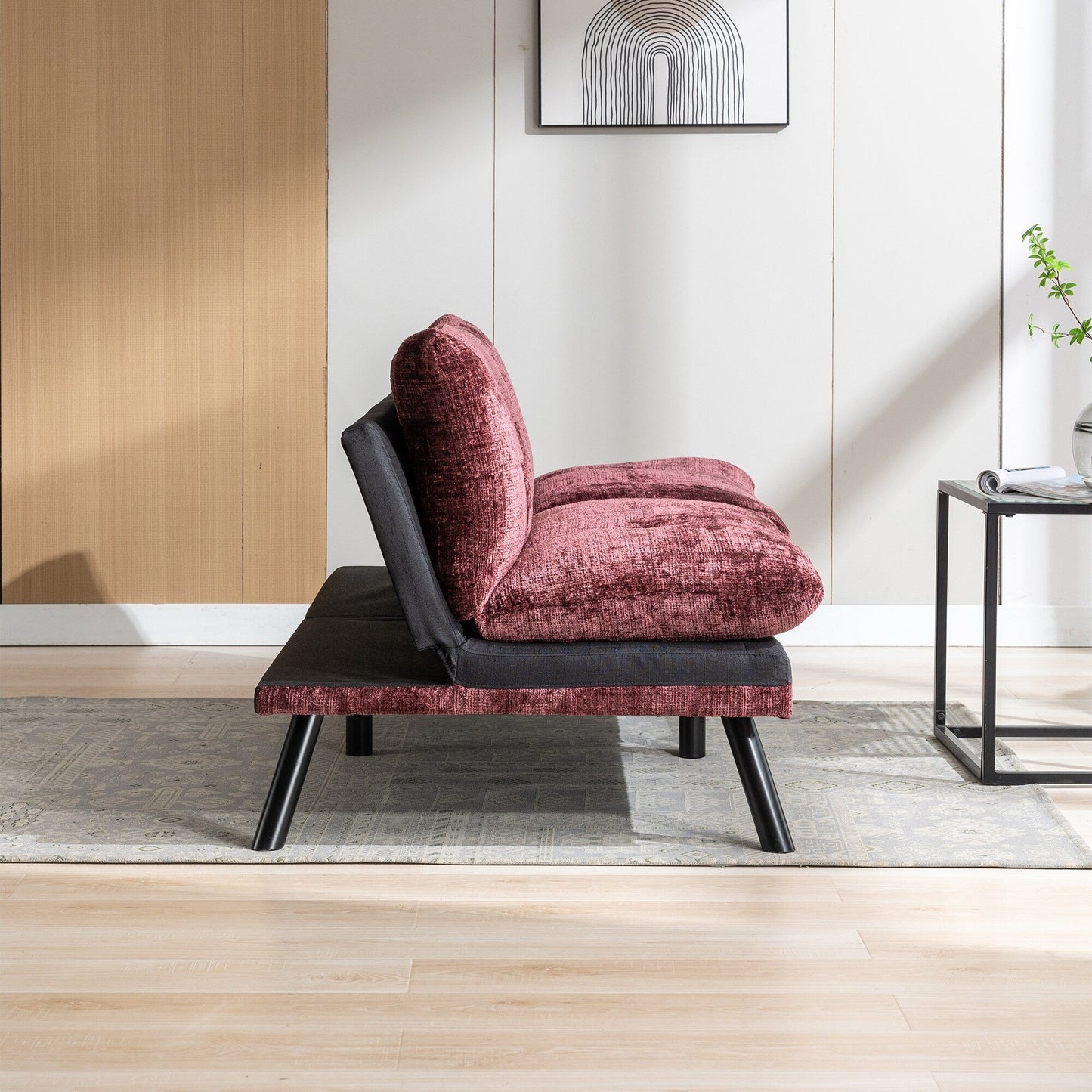 Canapé-lit futon convertible en chenille rouge vin