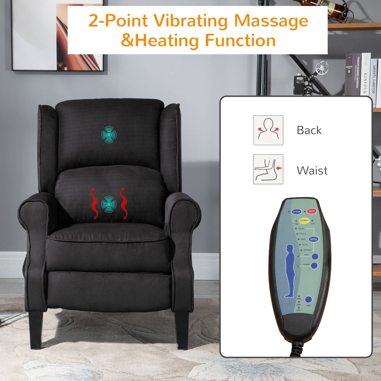 Fauteuil de massage chauffant à oreilles, fauteuil inclinable rembourré vintage avec dossier réglable, télécommande, poche latérale de rangement
