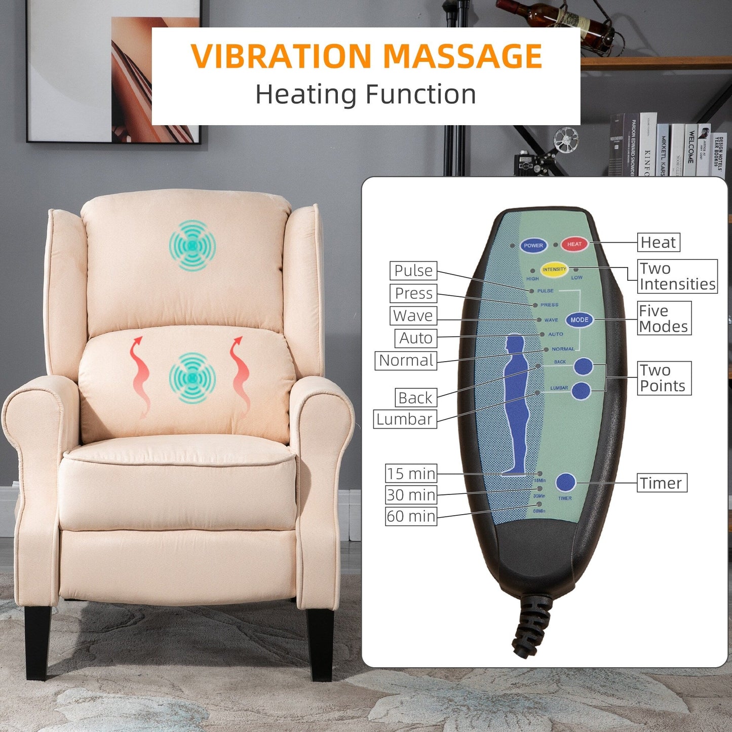 Fauteuil de massage chauffant à oreilles, fauteuil inclinable rembourré vintage avec dossier réglable, télécommande, poche latérale de rangement