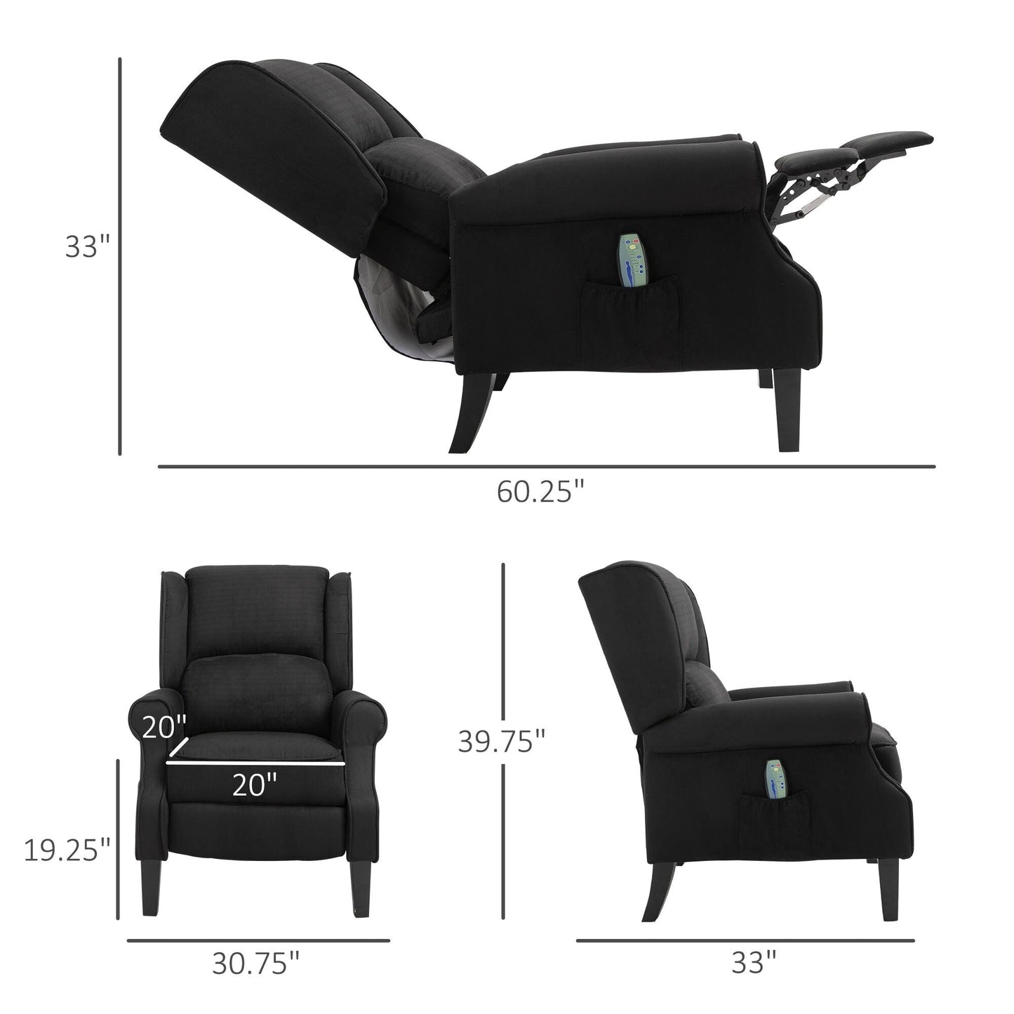 Fauteuil de massage chauffant à oreilles, fauteuil inclinable rembourré vintage avec dossier réglable, télécommande, poche latérale de rangement