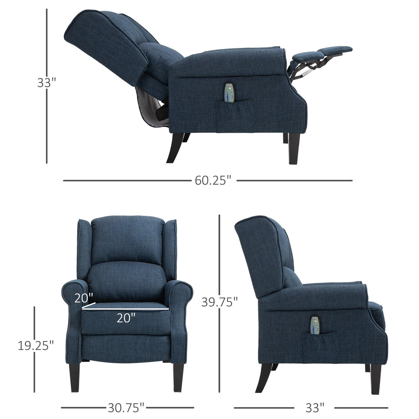 Fauteuil inclinable manuel en lin avec repose-pieds réglable et télécommande filaire