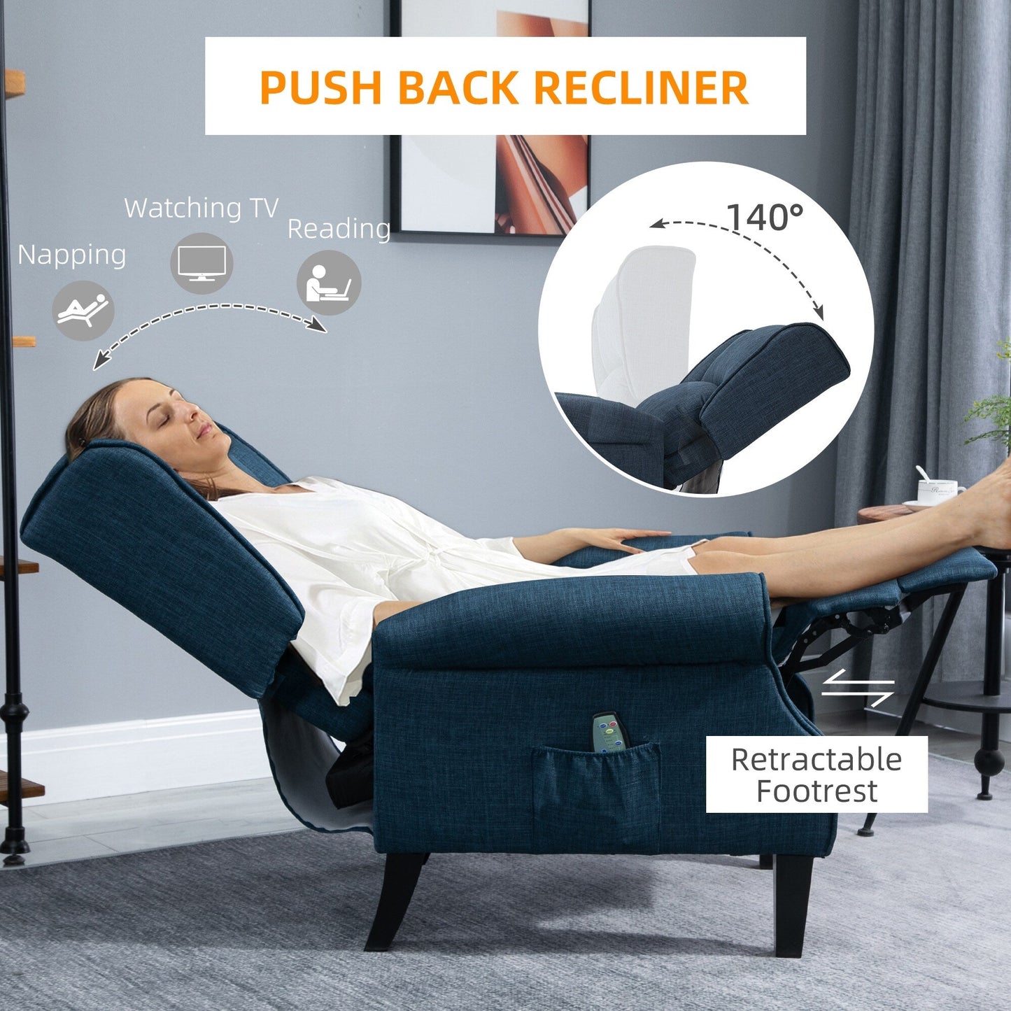 Fauteuil inclinable manuel en lin avec repose-pieds réglable et télécommande filaire