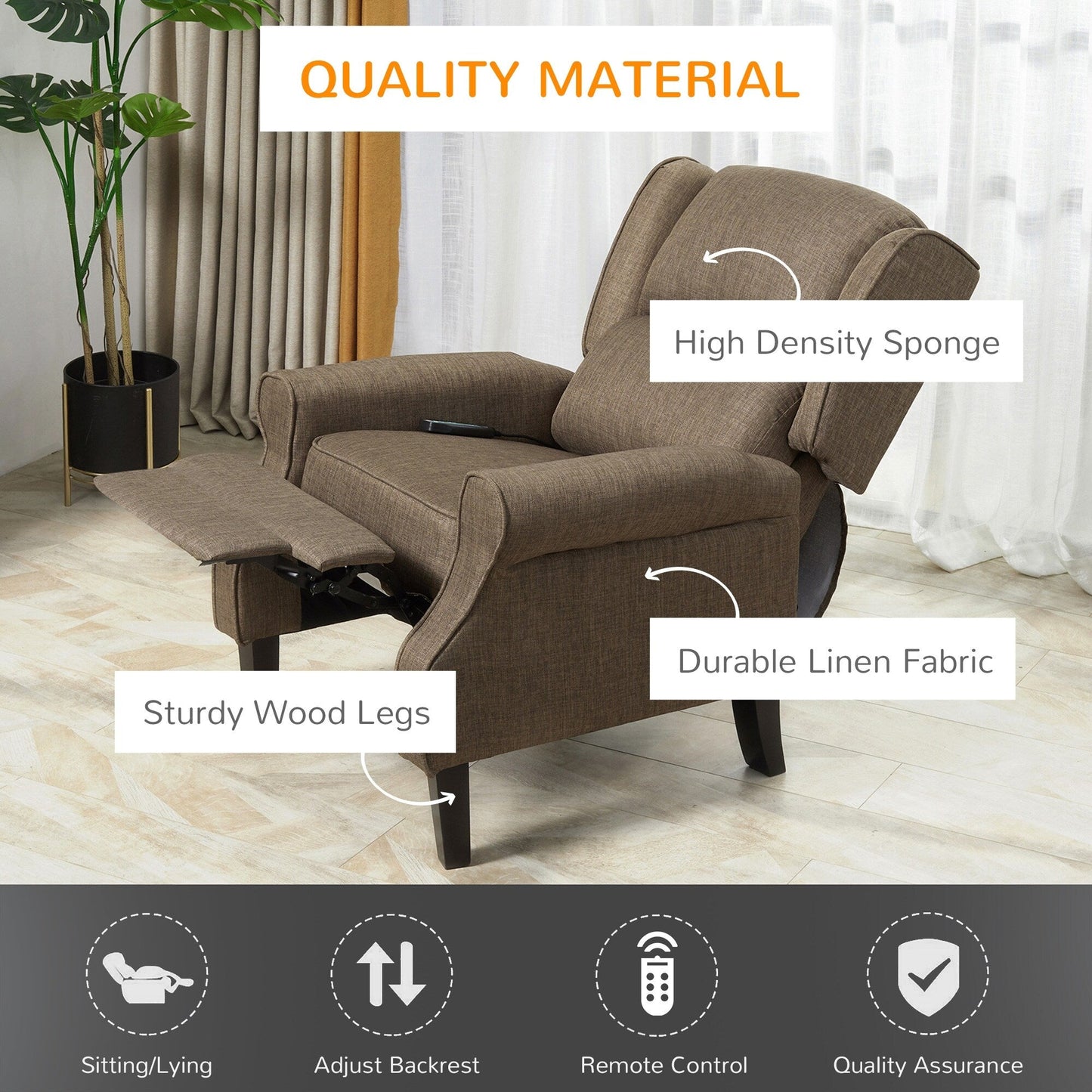Fauteuil inclinable manuel en lin avec repose-pieds réglable et télécommande filaire