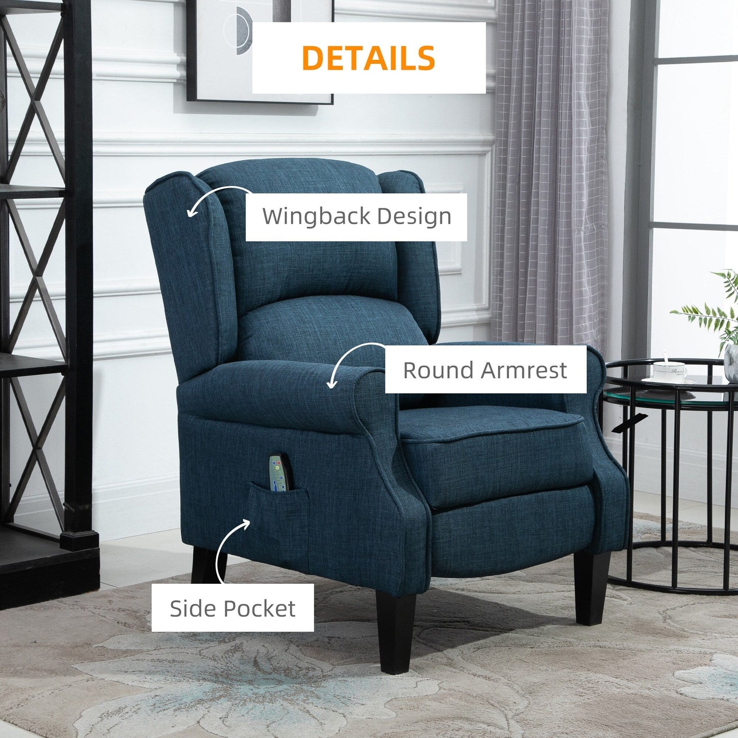 Fauteuil inclinable manuel en lin avec repose-pieds réglable et télécommande filaire
