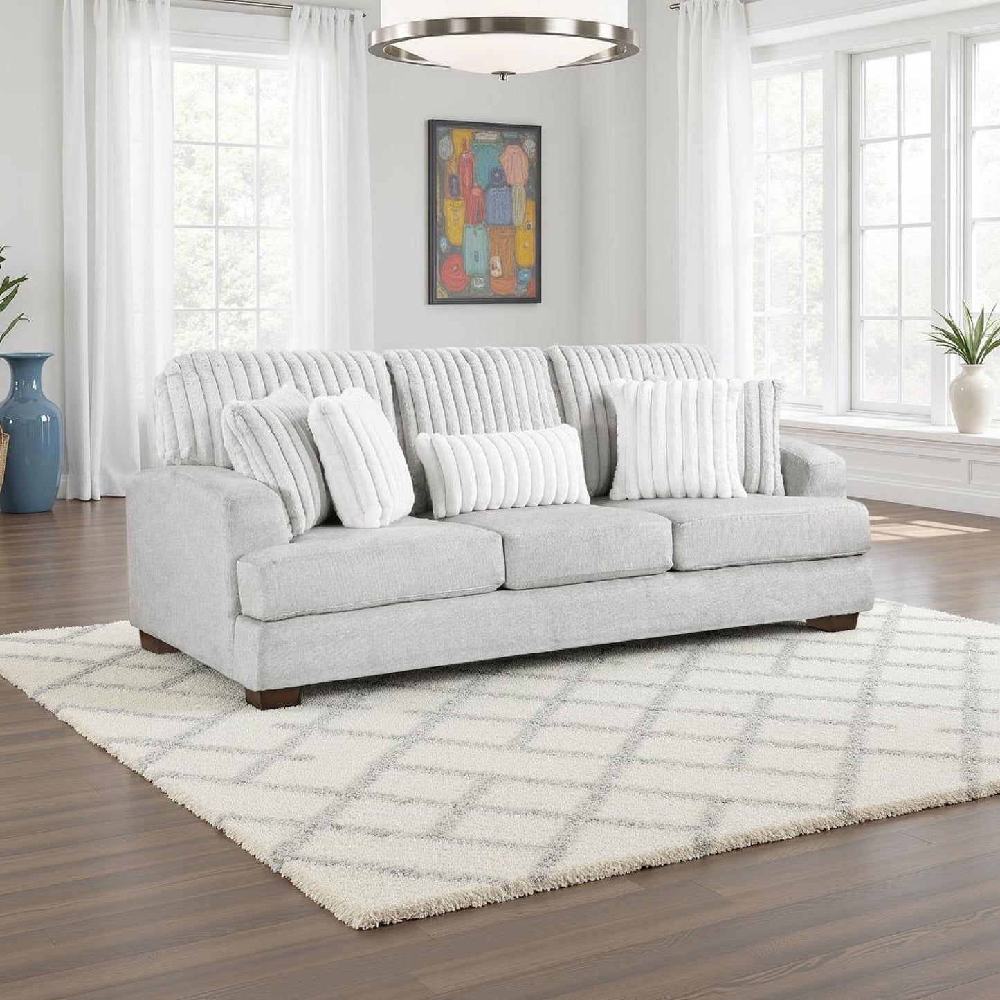 Canapé Witz, 96 pouces, 5 coussins, velours côtelé gris clair à texture côtelée