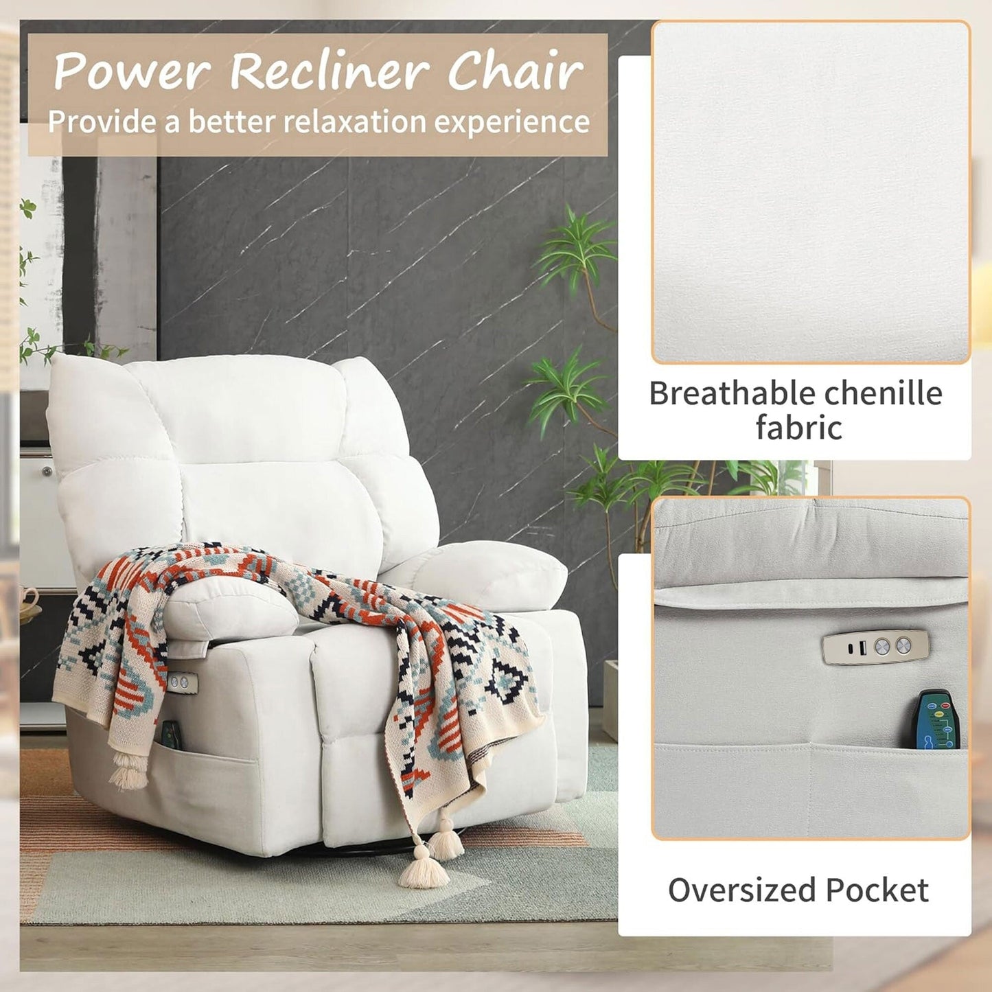 Fauteuil inclinable pivotant XINMICS, fauteuil inclinable électrique à bascule avec massage et chauffage