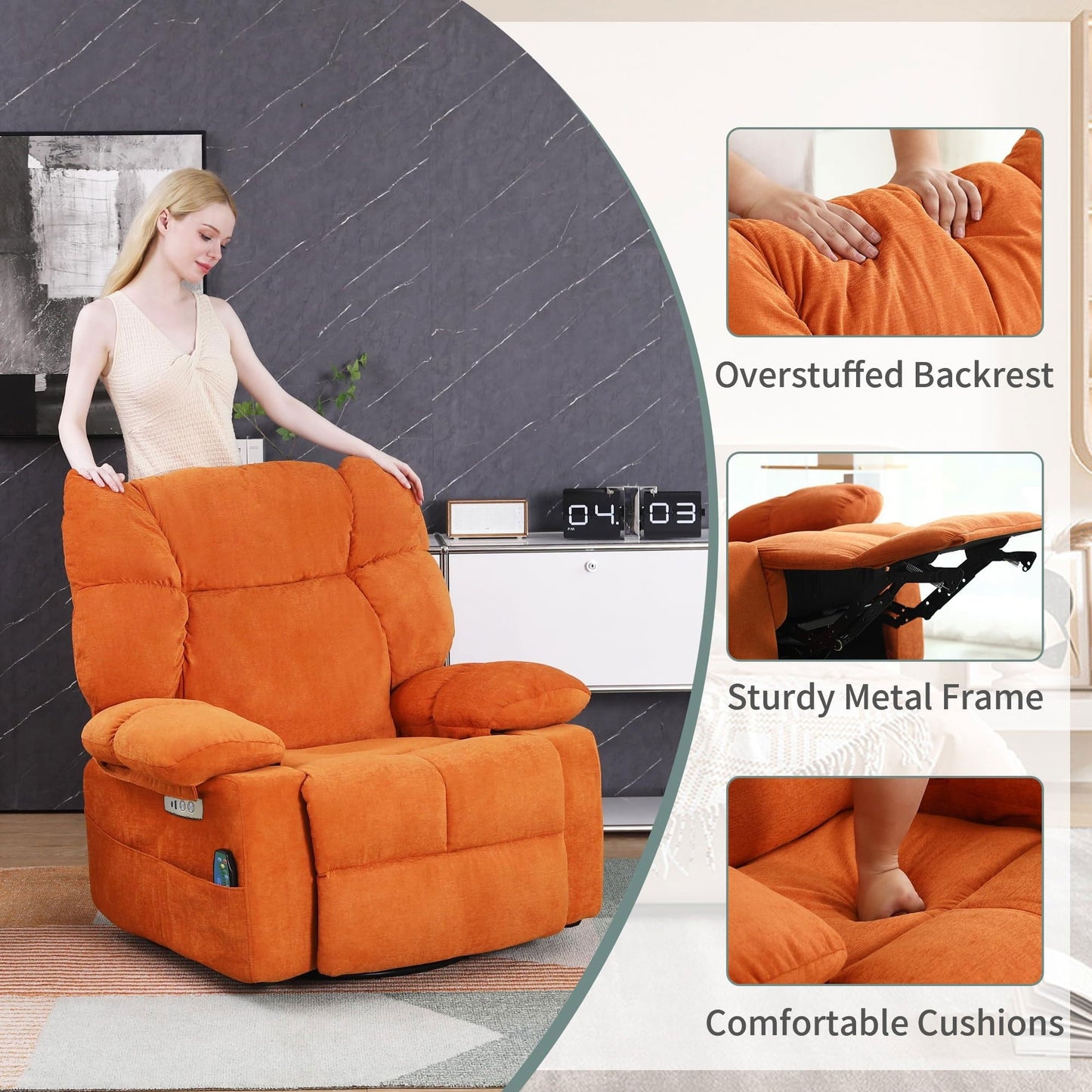 Fauteuil inclinable pivotant XINMICS, fauteuil inclinable électrique à bascule avec massage et chauffage