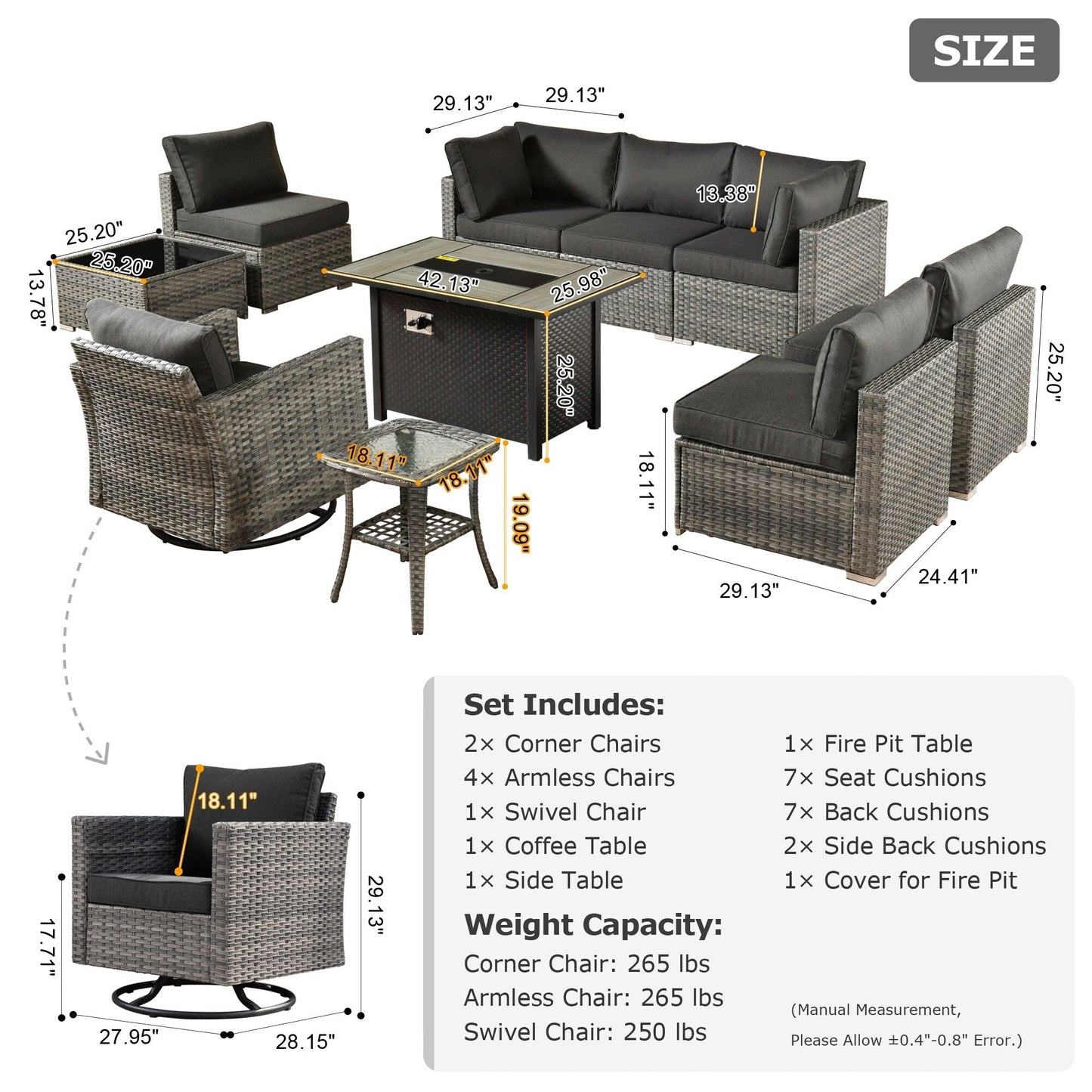 Ensemble de 10 meubles de patio d'extérieur XIZZI avec table à feu