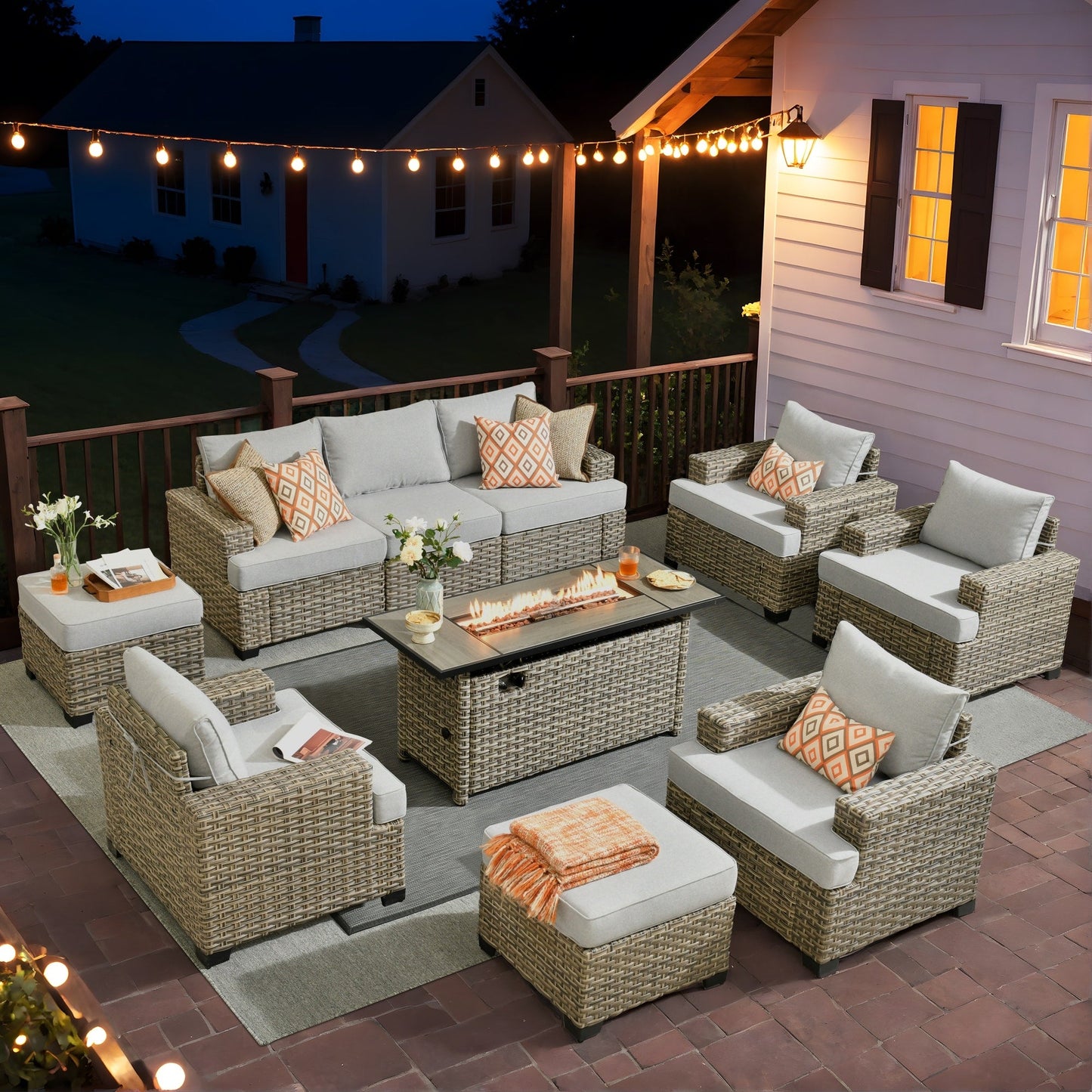 Ensemble de conversation XIZZI 10 pièces en osier pour patio avec table et foyer