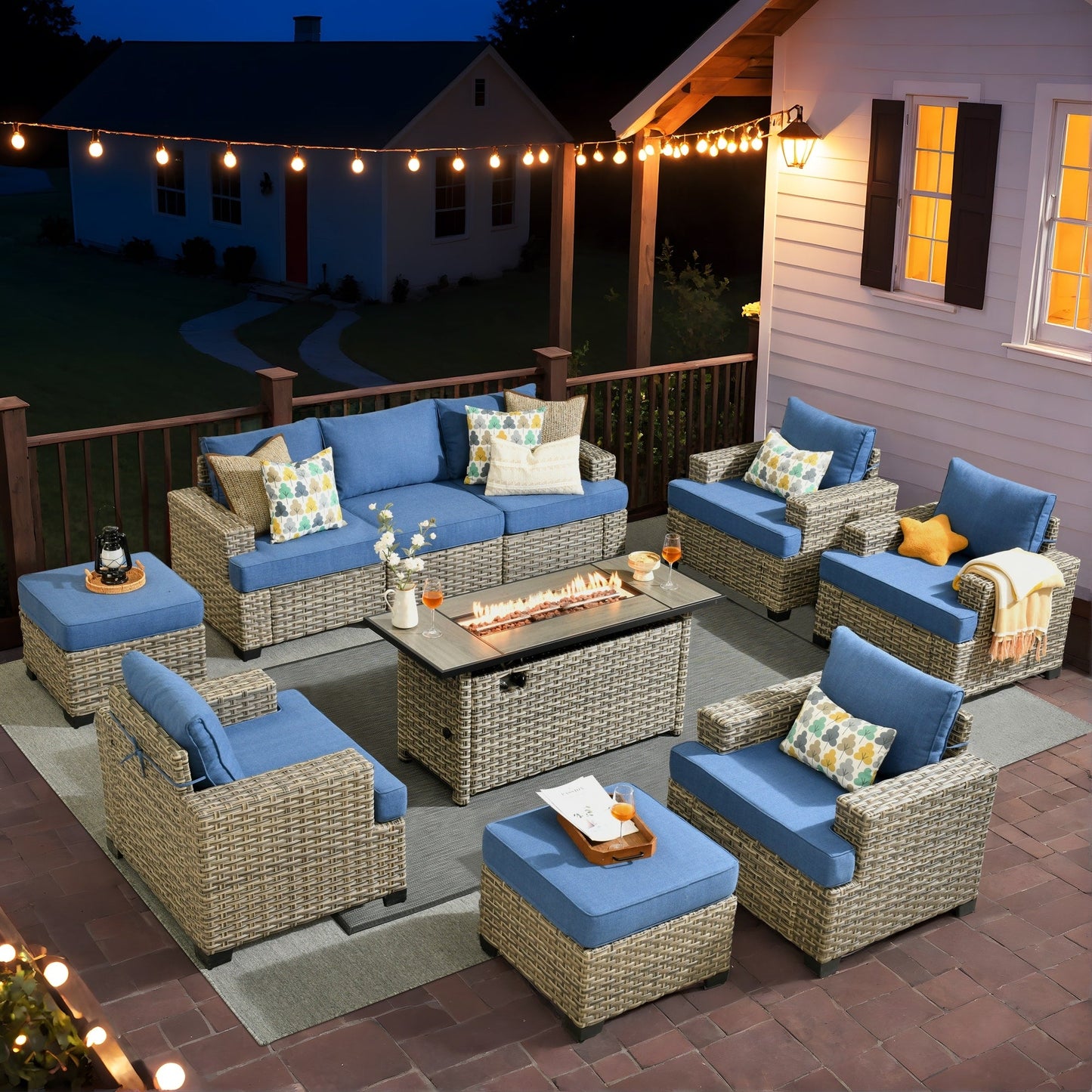 Ensemble de conversation XIZZI 10 pièces en osier pour patio avec table et foyer
