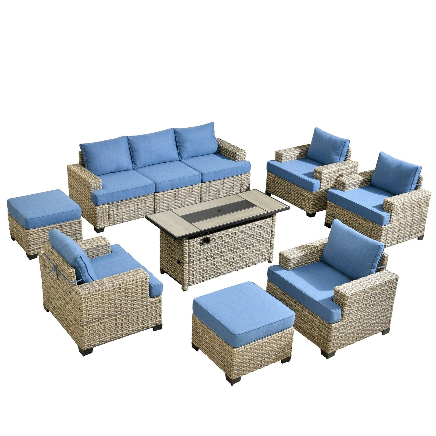 Ensemble de conversation XIZZI 10 pièces en osier pour patio avec table et foyer