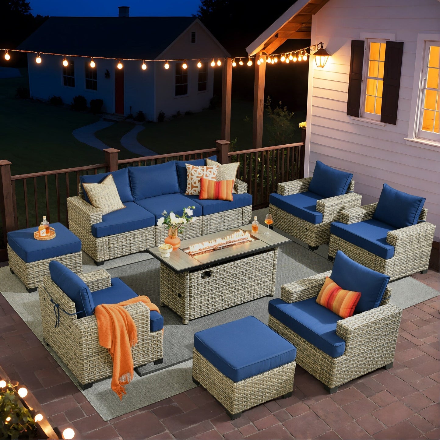 Ensemble de conversation XIZZI 10 pièces en osier pour patio avec table et foyer