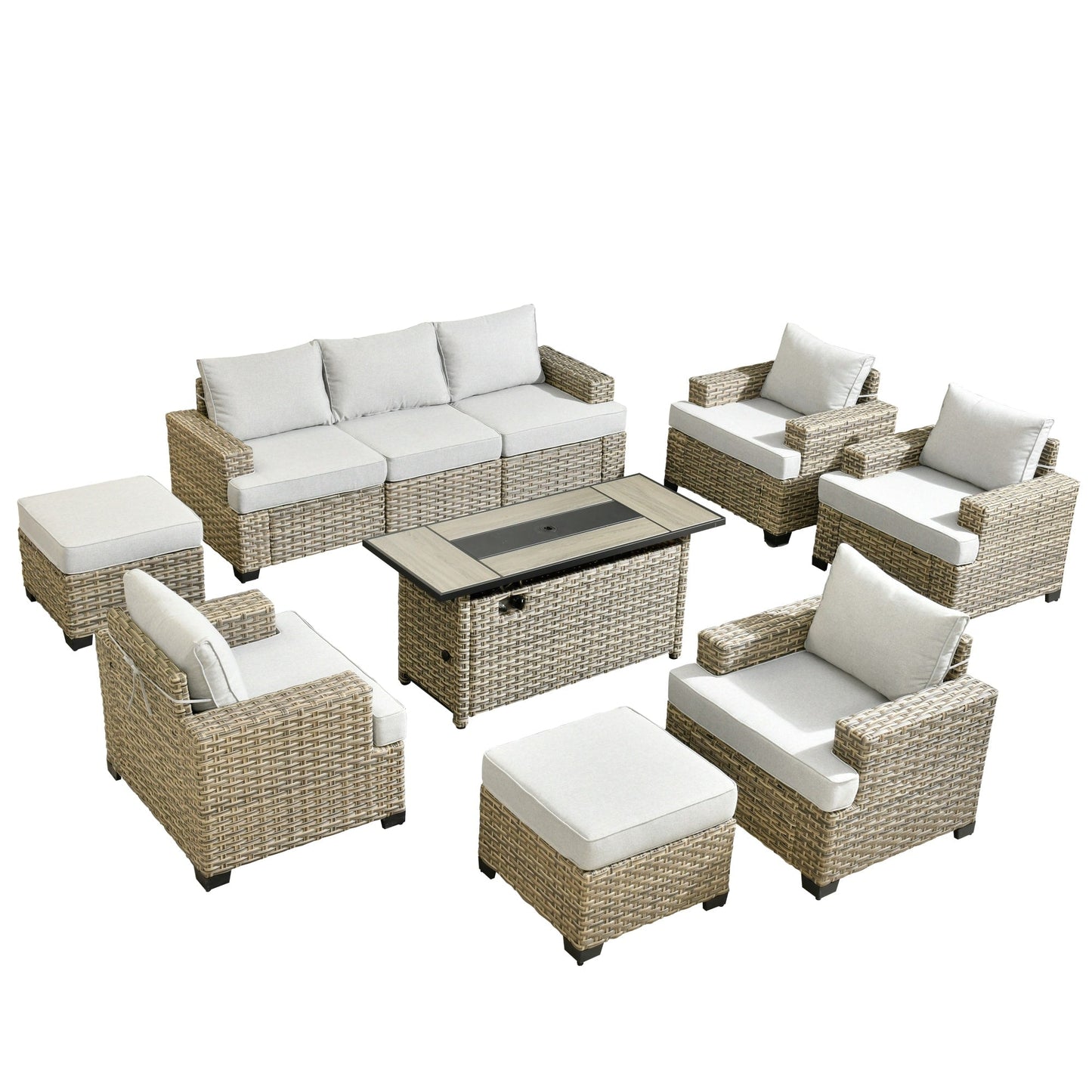 Ensemble de conversation XIZZI 10 pièces en osier pour patio avec table et foyer