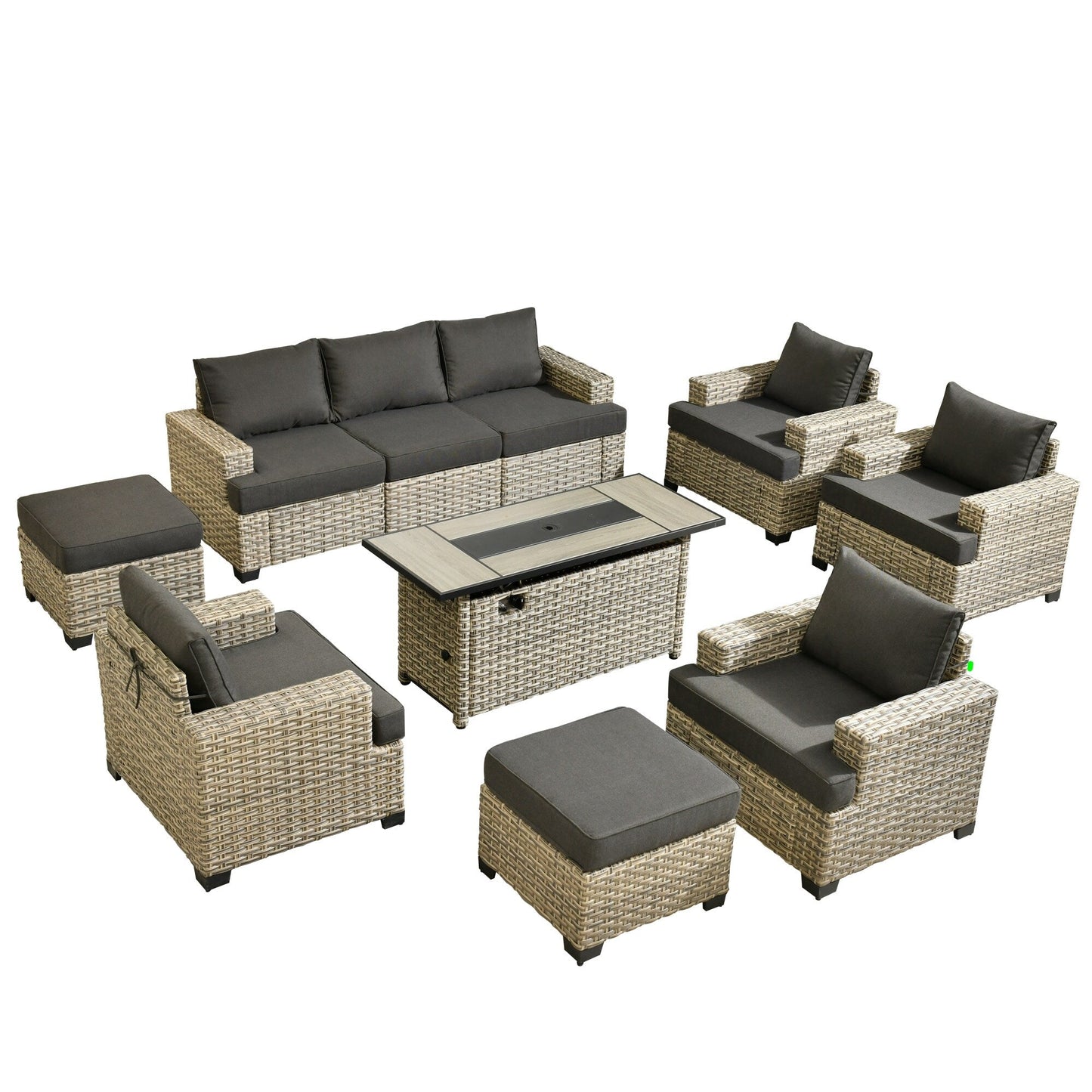 Ensemble de conversation XIZZI 10 pièces en osier pour patio avec table et foyer