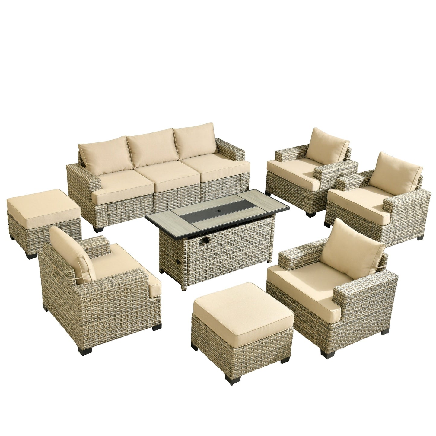 Ensemble de conversation XIZZI 10 pièces en osier pour patio avec table et foyer