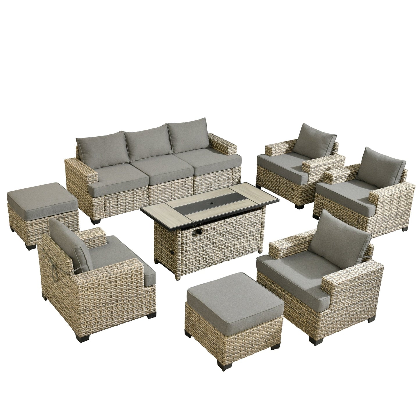 Ensemble de conversation XIZZI 10 pièces en osier pour patio avec table et foyer