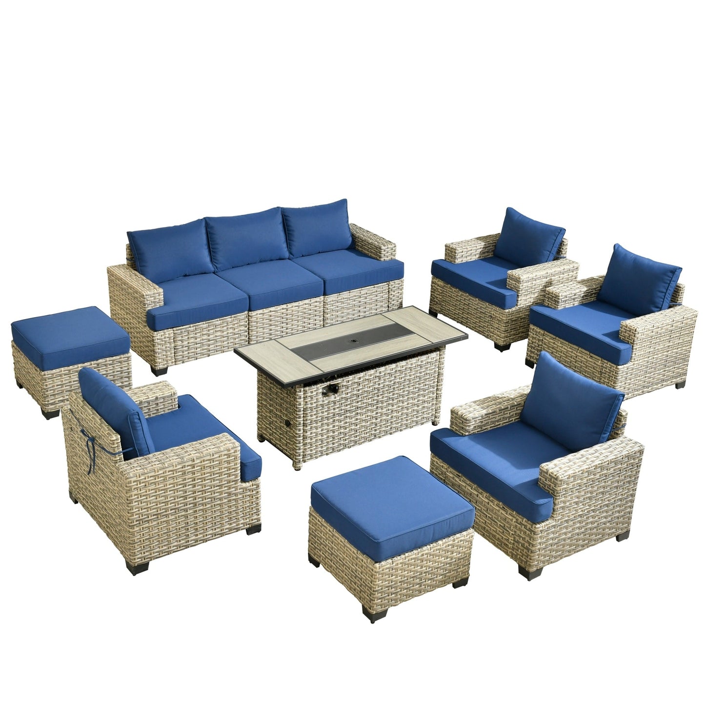 Ensemble de conversation XIZZI 10 pièces en osier pour patio avec table et foyer