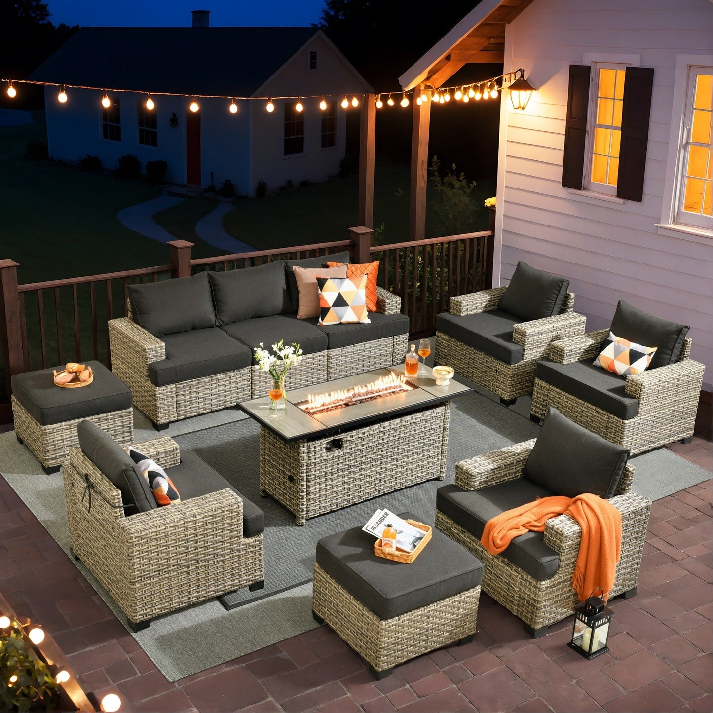 Ensemble de conversation XIZZI 10 pièces en osier pour patio avec table et foyer
