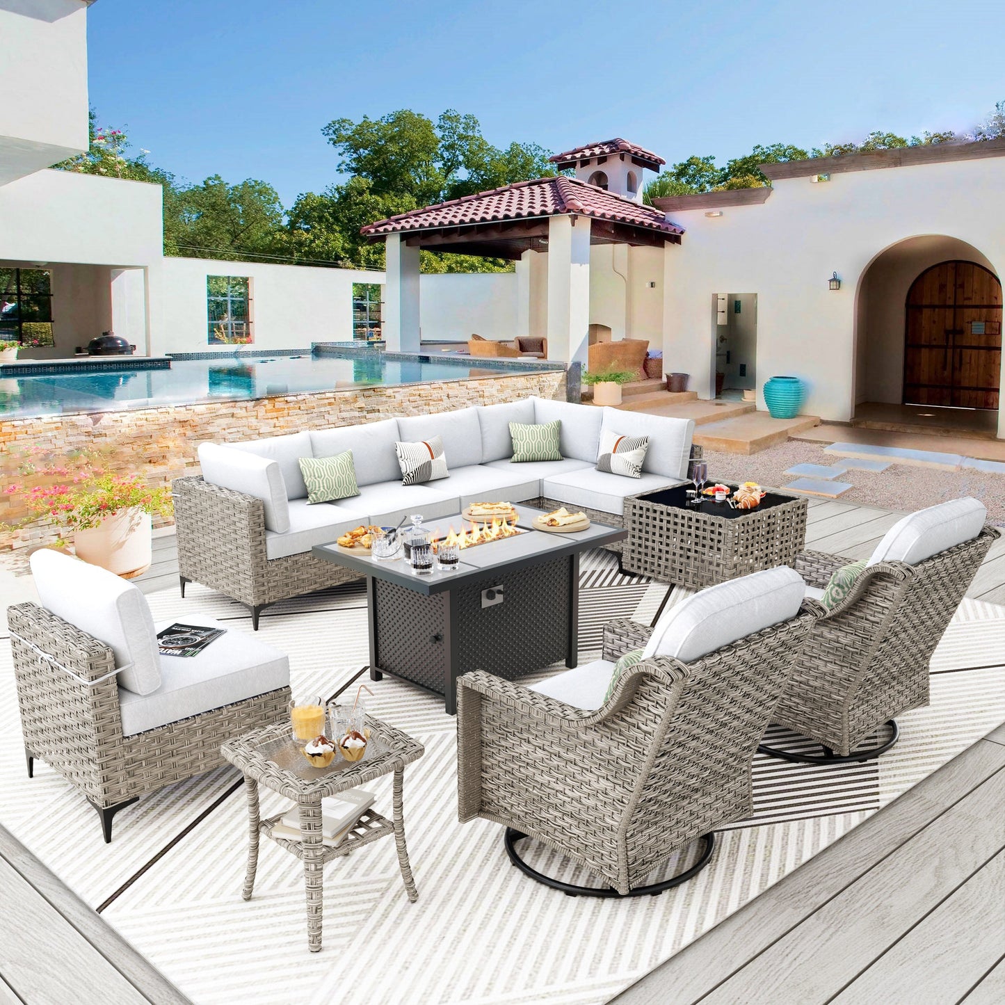 Ensemble de meubles de patio en rotin XIZZI 11 pièces avec table et foyer