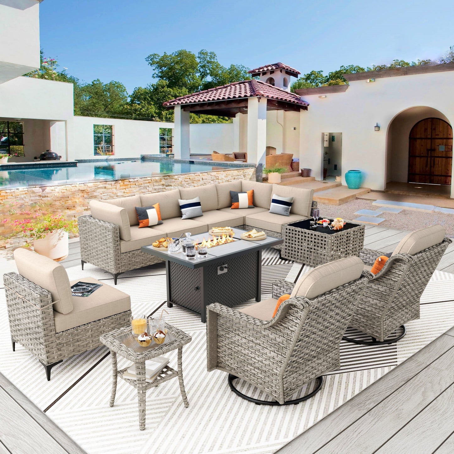 Ensemble de meubles de patio en rotin XIZZI 11 pièces avec table et foyer