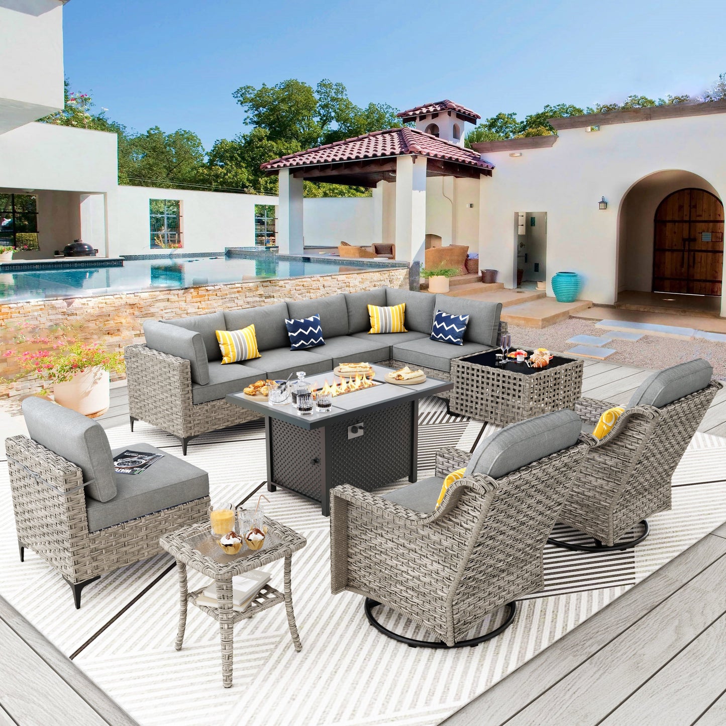 Ensemble de meubles de patio en rotin XIZZI 11 pièces avec table et foyer