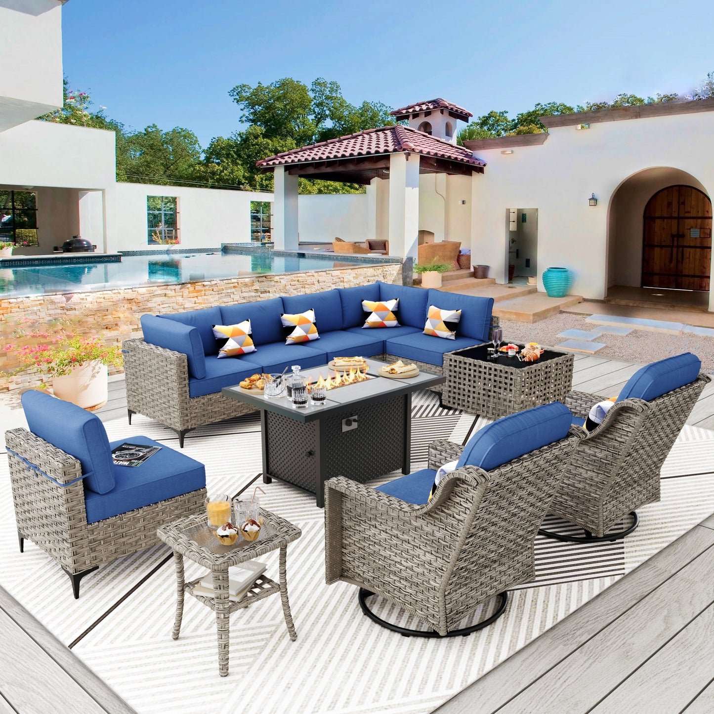 Ensemble de meubles de patio en rotin XIZZI 11 pièces avec table et foyer