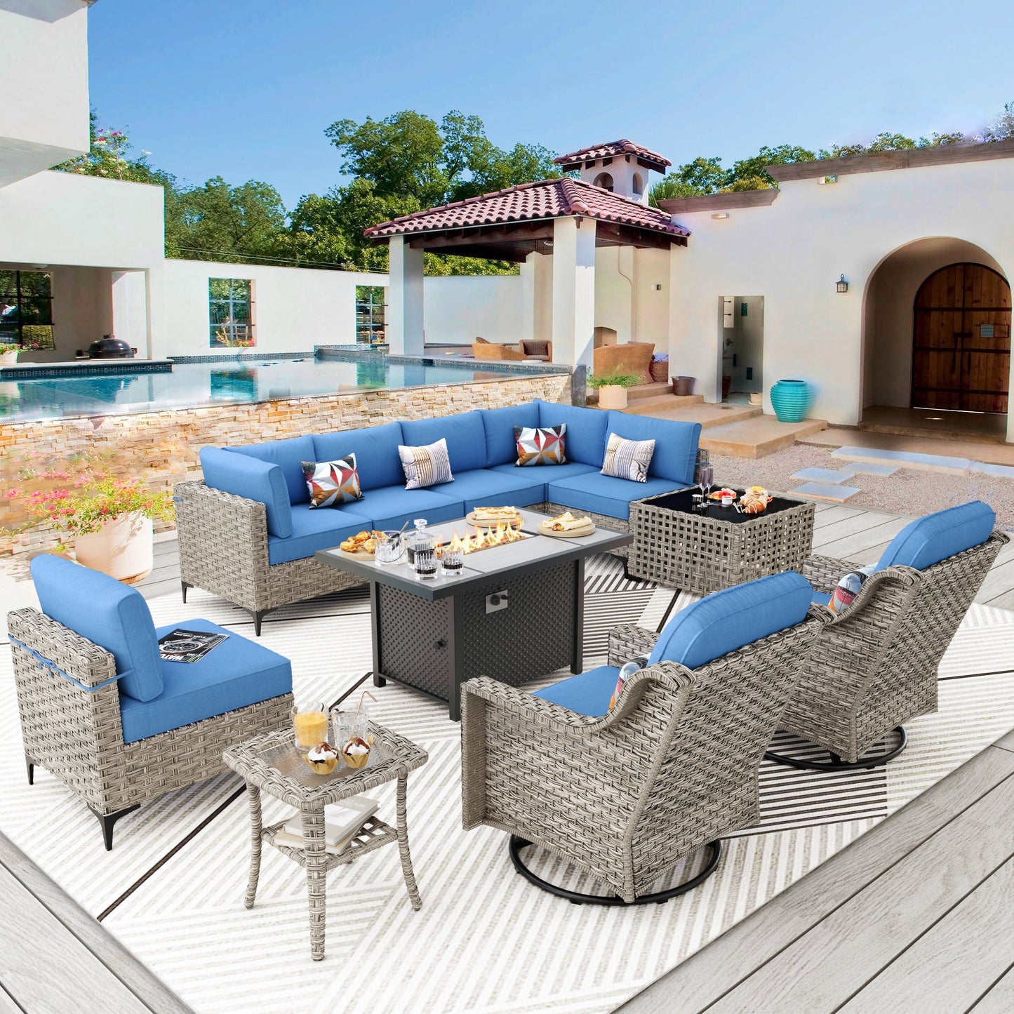 Ensemble de meubles de patio en rotin XIZZI 11 pièces avec table et foyer