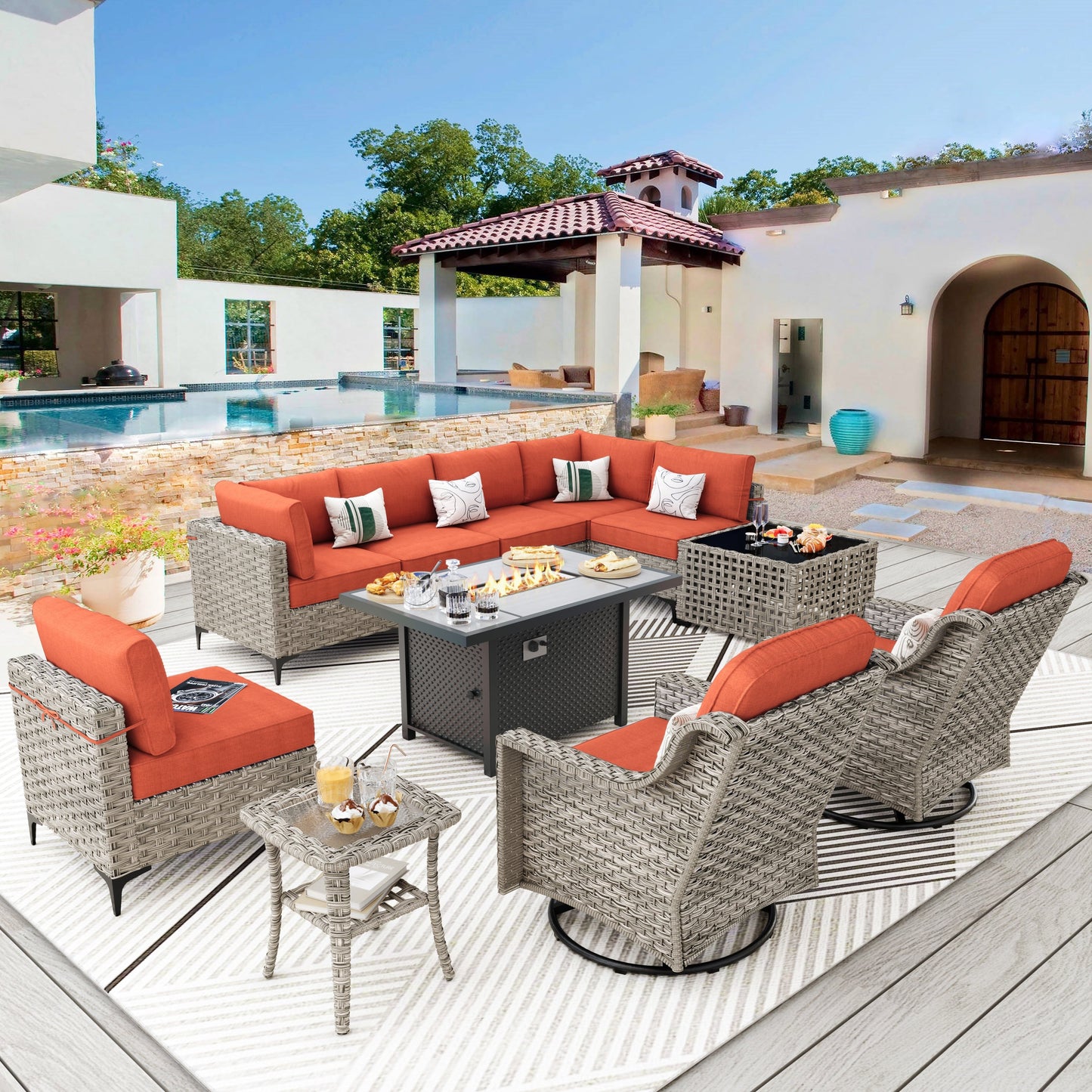 Ensemble de meubles de patio en rotin XIZZI 11 pièces avec table et foyer
