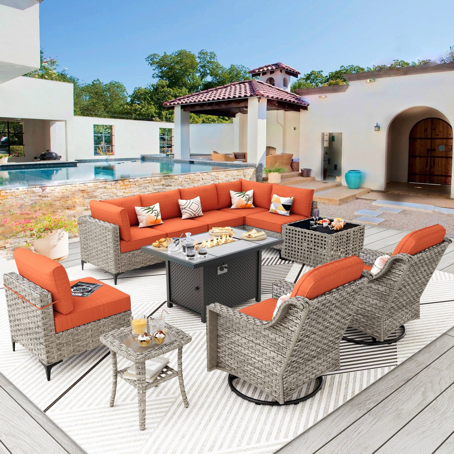 Ensemble de meubles de patio en rotin XIZZI 11 pièces avec table et foyer