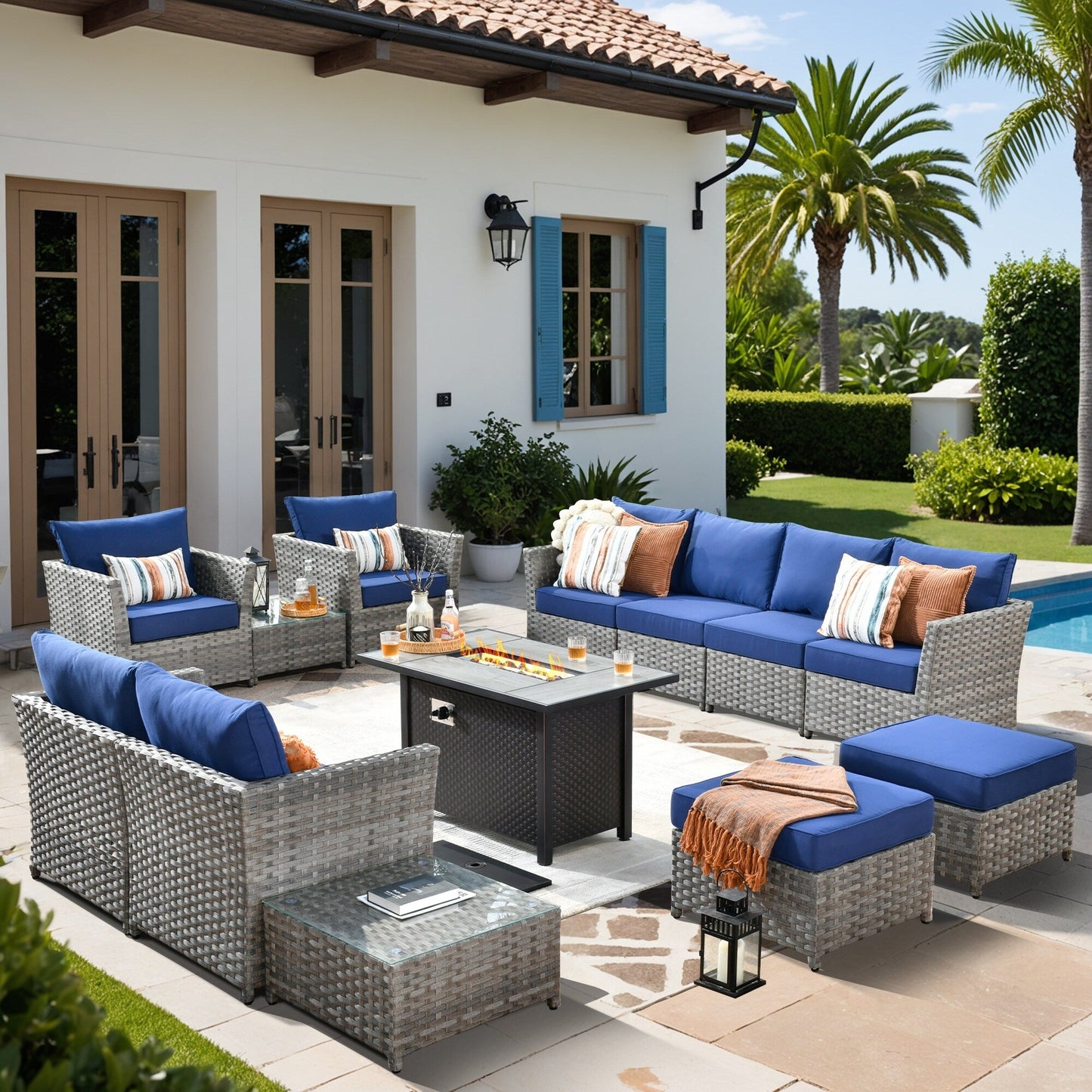 Ensemble de meubles de patio extérieur en osier XIZZI 13 pièces avec table à feu