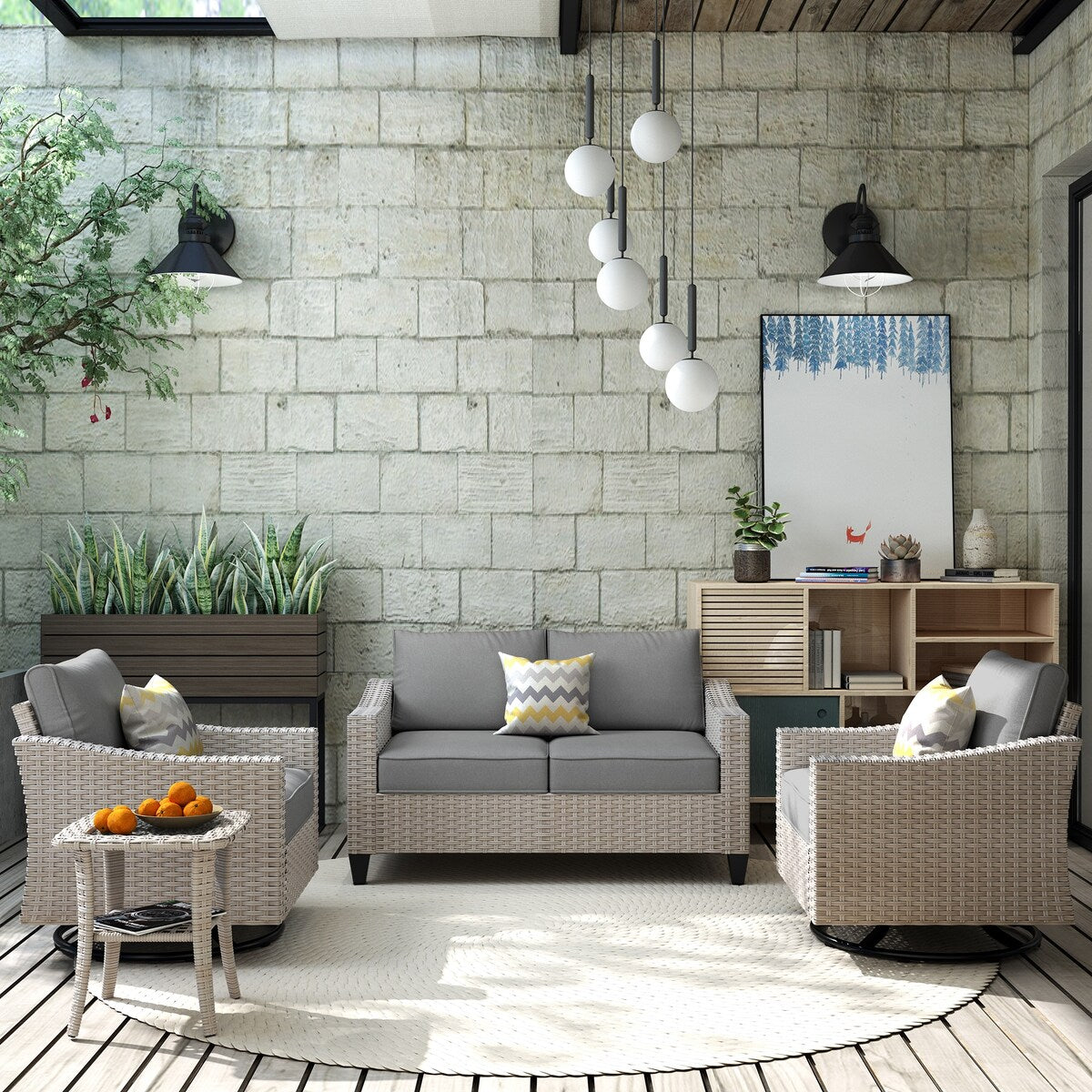 Ensemble de 4 causeuses en osier avec chaise pivotante XIZZI