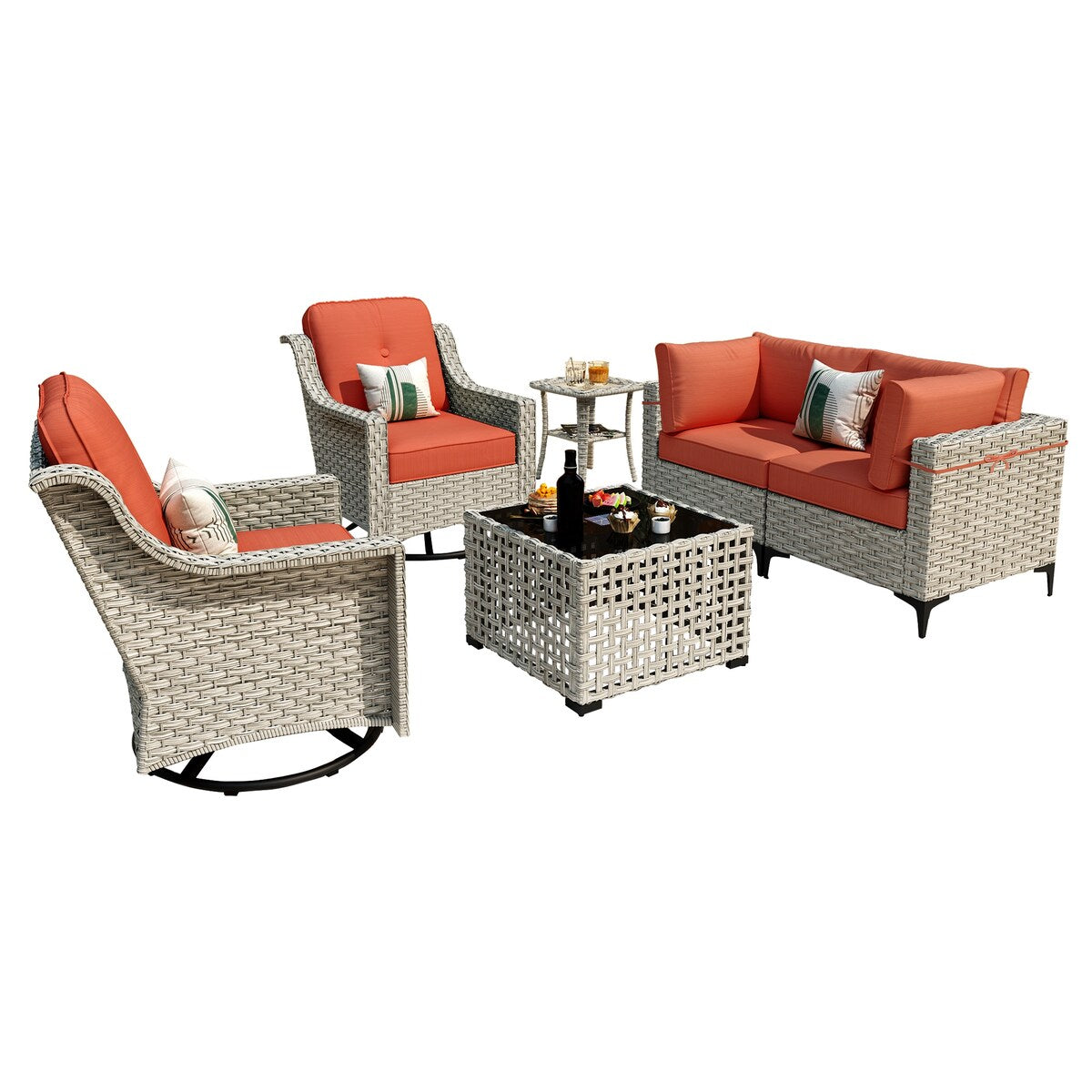 Ensemble de conversation XIZZI 6 pièces en osier avec chaise pivotante