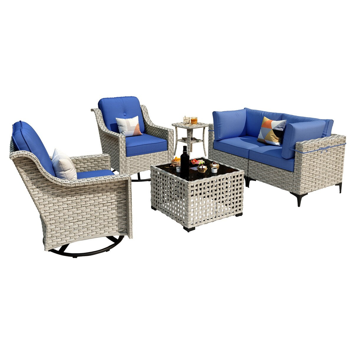 Ensemble de conversation XIZZI 6 pièces en osier avec chaise pivotante