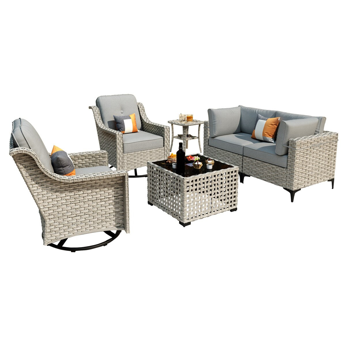 Ensemble de conversation XIZZI 6 pièces en osier avec chaise pivotante