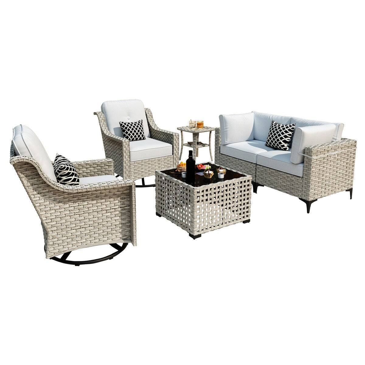 Ensemble de conversation XIZZI 6 pièces en osier avec chaise pivotante