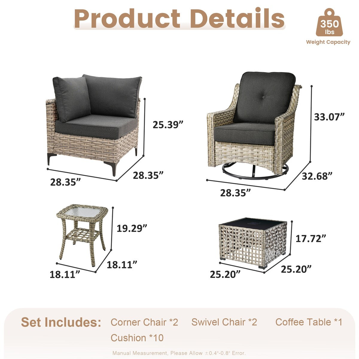 Ensemble de conversation XIZZI 6 pièces en osier avec chaise pivotante