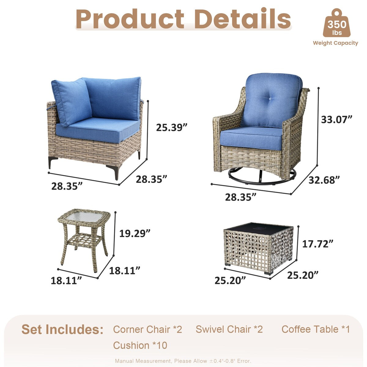 Ensemble de conversation XIZZI 6 pièces en osier avec chaise pivotante