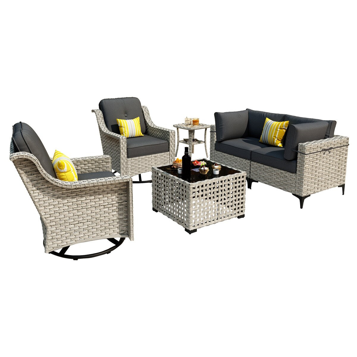 Ensemble de conversation XIZZI 6 pièces en osier avec chaise pivotante