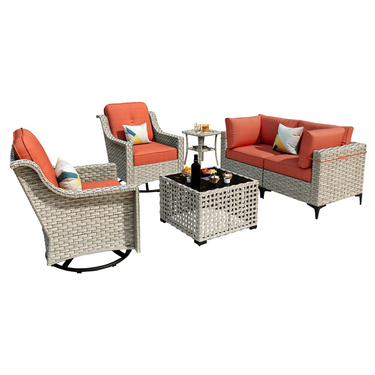 Ensemble de conversation XIZZI 6 pièces en osier avec chaise pivotante