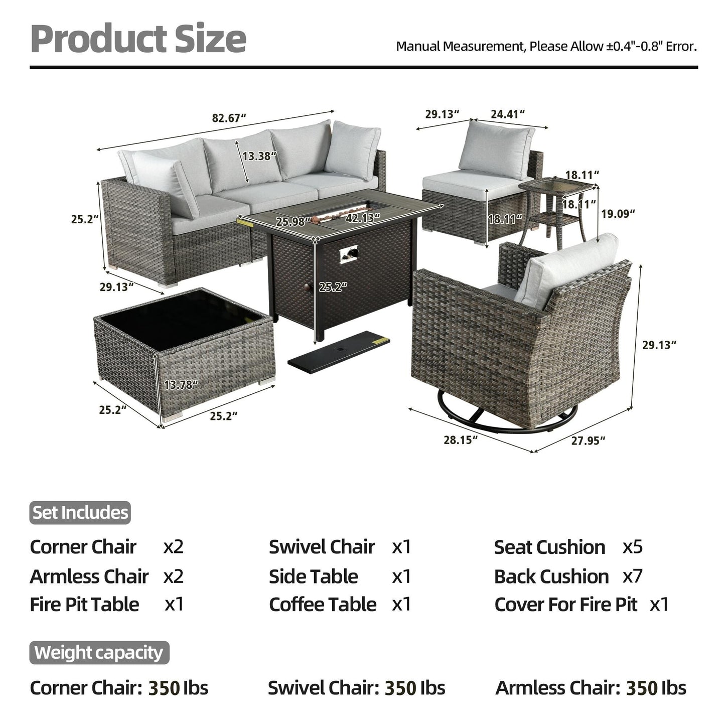 Ensemble de 8 chaises pivotantes en osier pour patio extérieur XIZZI avec table et foyer